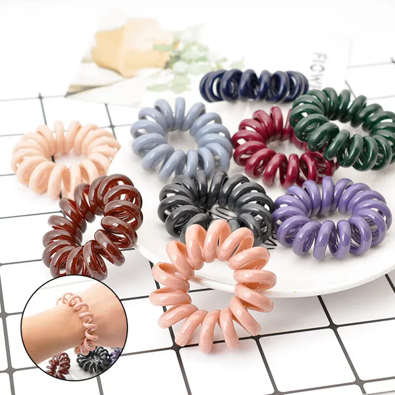 Color: Blue - High Elasticity Telephone Coil Hairbands Women Spiral Hair Ties Girl Hair Ring Rope Solid Color Hair Accessories Ponytail Holder