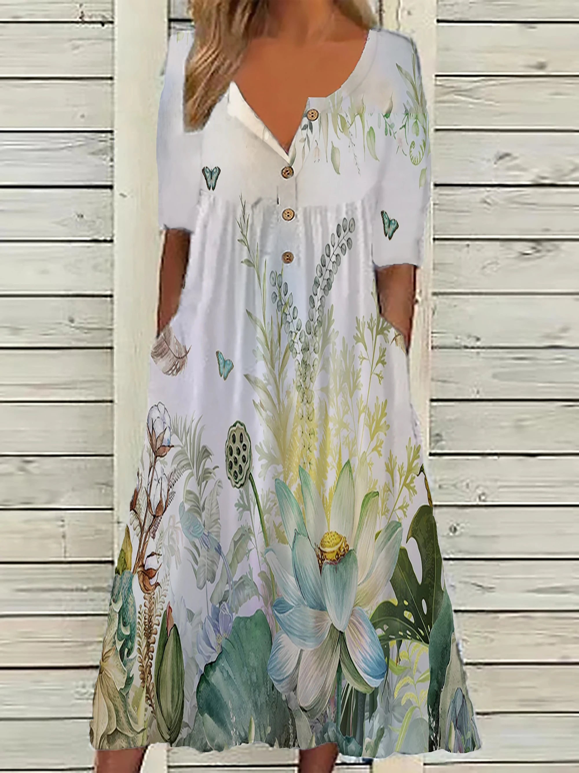 Color: Beige, Size: 1XL - 2024 Europe and the United States spring new fashion printed V-neck button short sleeve plus size women's size women's pocket