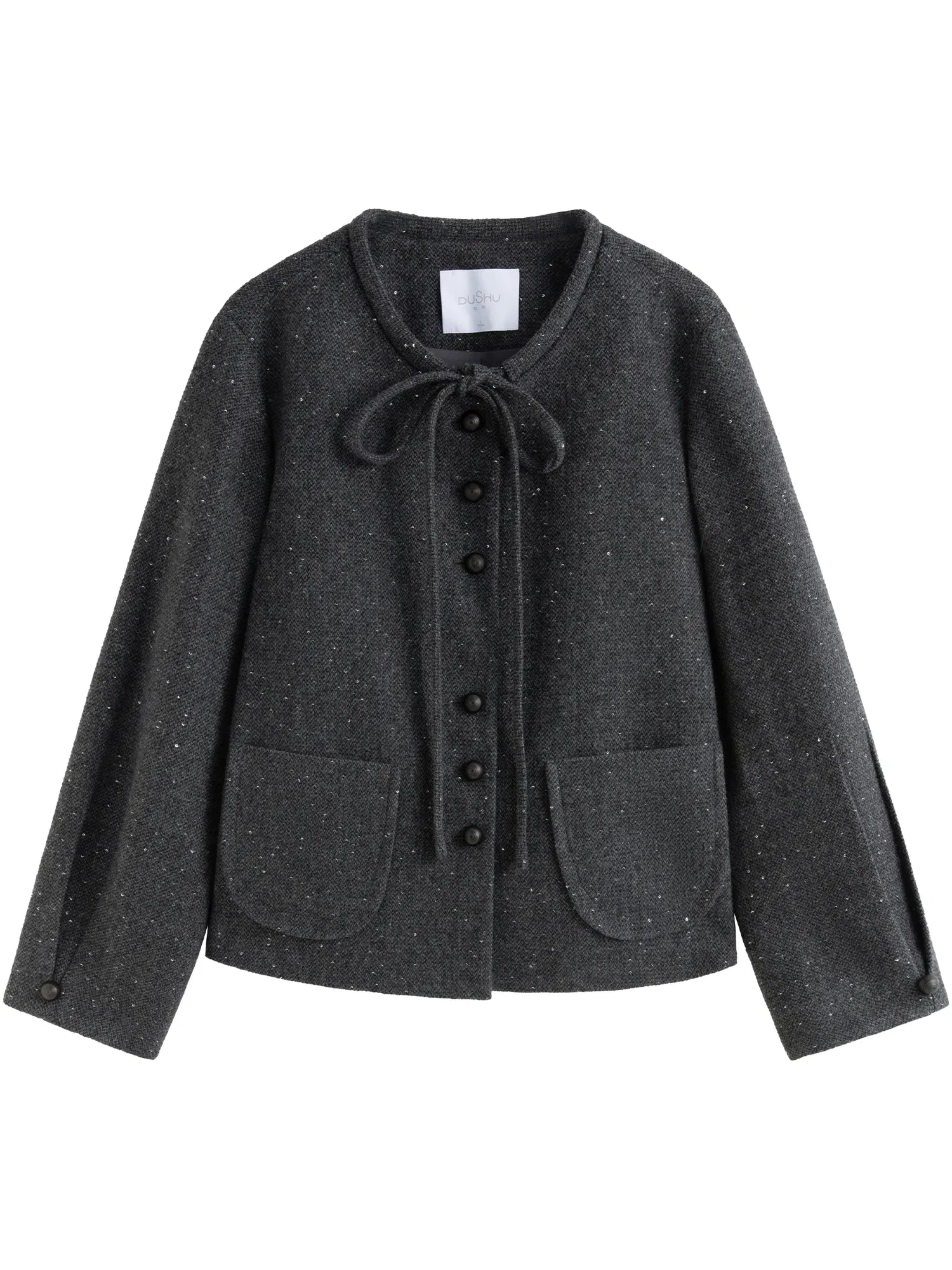 Color: GRAY, Size: XXL - DUSHU 27.7% Wool Women Grey Short Jackets Sequins Design Female Round Neck Front Shoulder Woolen Coats 24DS84647