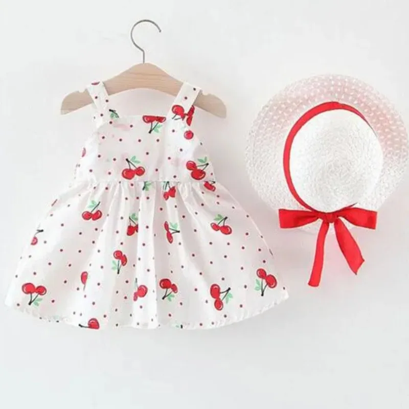 Color: Red, Kid Size: 4T - 1Pc Kids Girl Summer Sleeveless Dress Cute Print Bow Casual Dress with Straw Hat