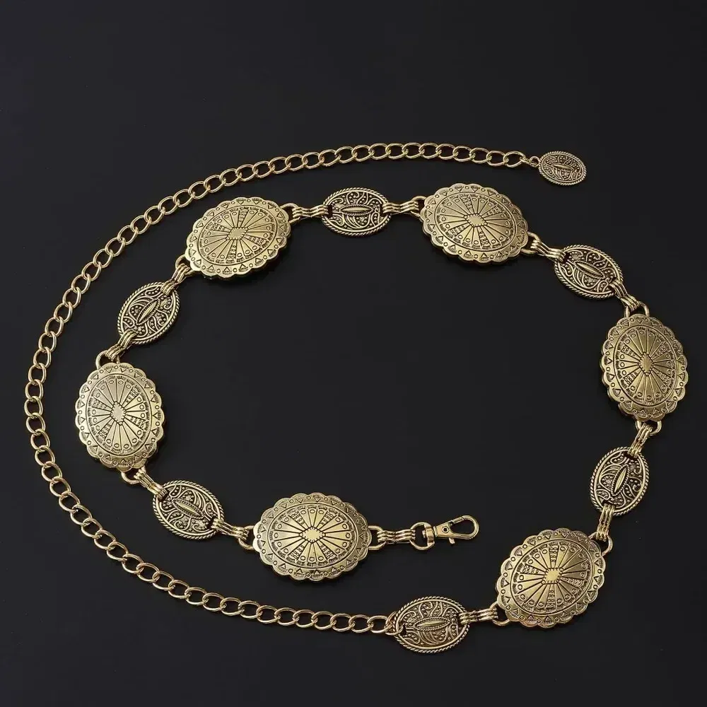 Color: Gold, Belt Length: 120cm - Metal Chain Belt for Women Cowgirl Western Country Chain Belts Adjustable Concho Belt for Sweaters Dresses Jeans