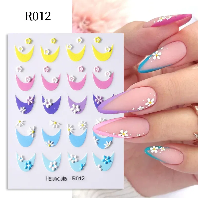 Dark Gold White French 3D Nail Stickers Manicure Gradient Line Flower Nail Art Designs Self-Adhesive Nail Tips Guides for DIY Decoration