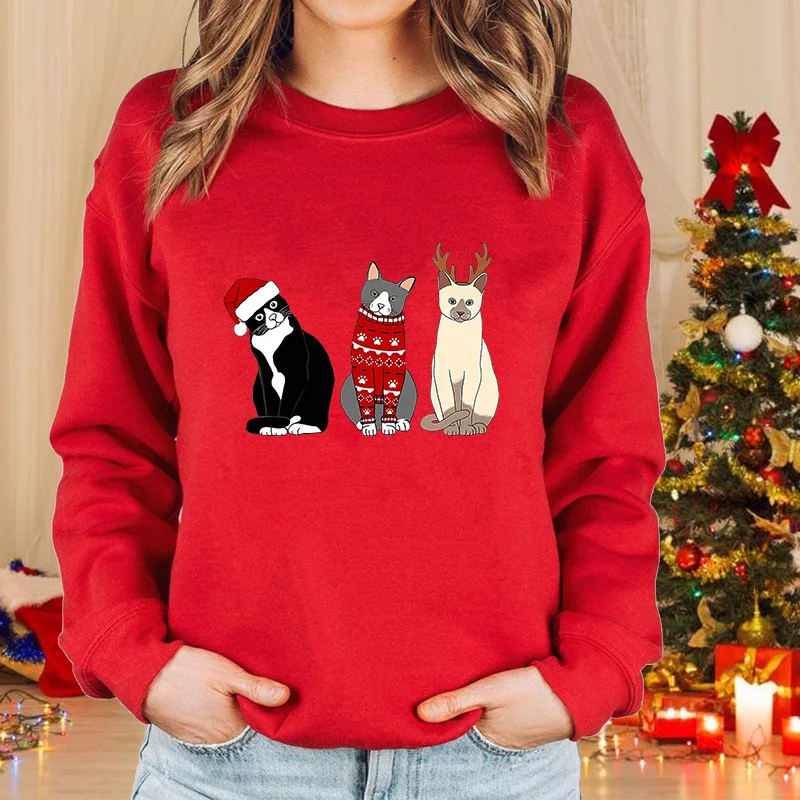 Color: GRAY, Size: S - New fashion women's Christmas cat sweater long-sleeved round neck pullover sweater fall and winter Christmas women's tops