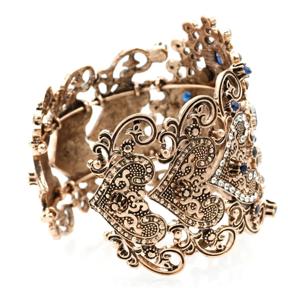 Metal Color: Antique Gold Plated, Diameter: 58-60mm - Sunspicems Charm Retro Indian Bangle Cuff Bracelet For Women Gold Color Turkish Big Bracelet Bride Wedding Jewelry Accessories