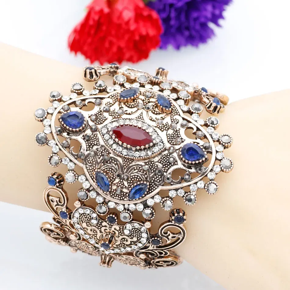Metal Color: Antique Gold Plated, Diameter: 58-60mm - Sunspicems Charm Retro Indian Bangle Cuff Bracelet For Women Gold Color Turkish Big Bracelet Bride Wedding Jewelry Accessories