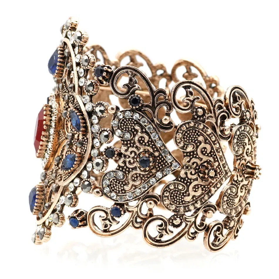 Metal Color: Antique Gold Plated, Diameter: 58-60mm - Sunspicems Charm Retro Indian Bangle Cuff Bracelet For Women Gold Color Turkish Big Bracelet Bride Wedding Jewelry Accessories