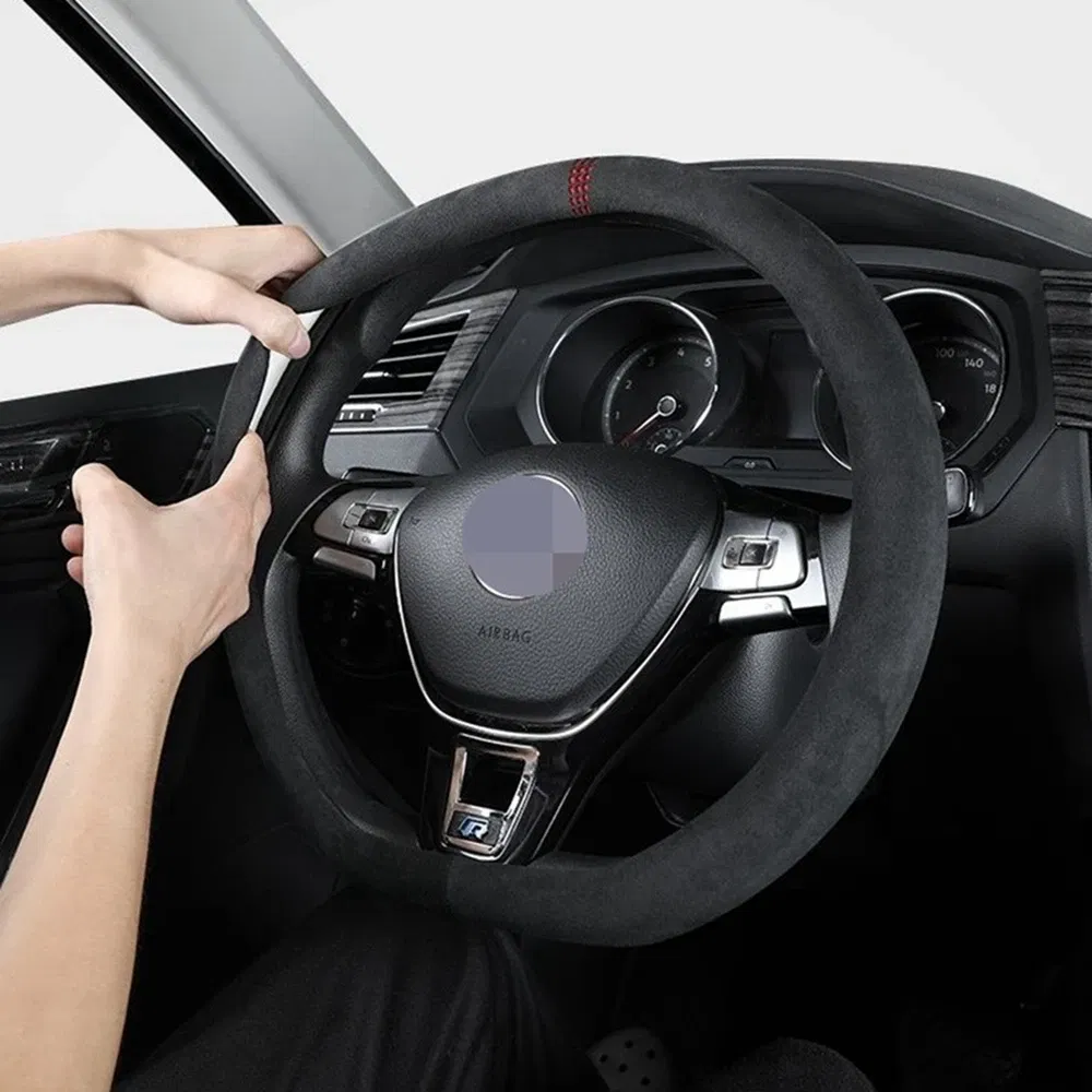 Color Name: green - 38cm Suede Leather Car Steering Wheel Cover Wear-Resistant For BMW E90 F01 F06 F10 F15 F16 F20 F21 F25 F26 F30 F32 F82 M3 G20 X5