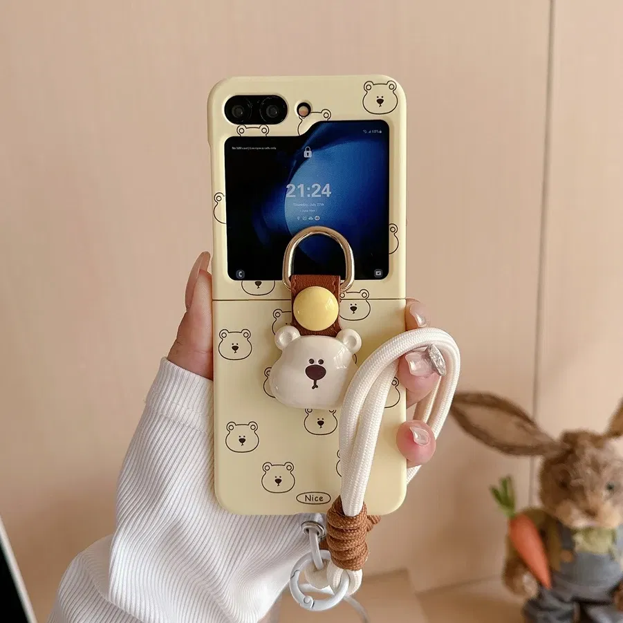 Color: Beige, Material: Denim - Cute 3D Bear Hand Strap Case for Samsung Galaxy Z Flip 6 5 4 3 Lanyard Ring Holder Shockproof Cover for Samsung Flip6 ZFlip5