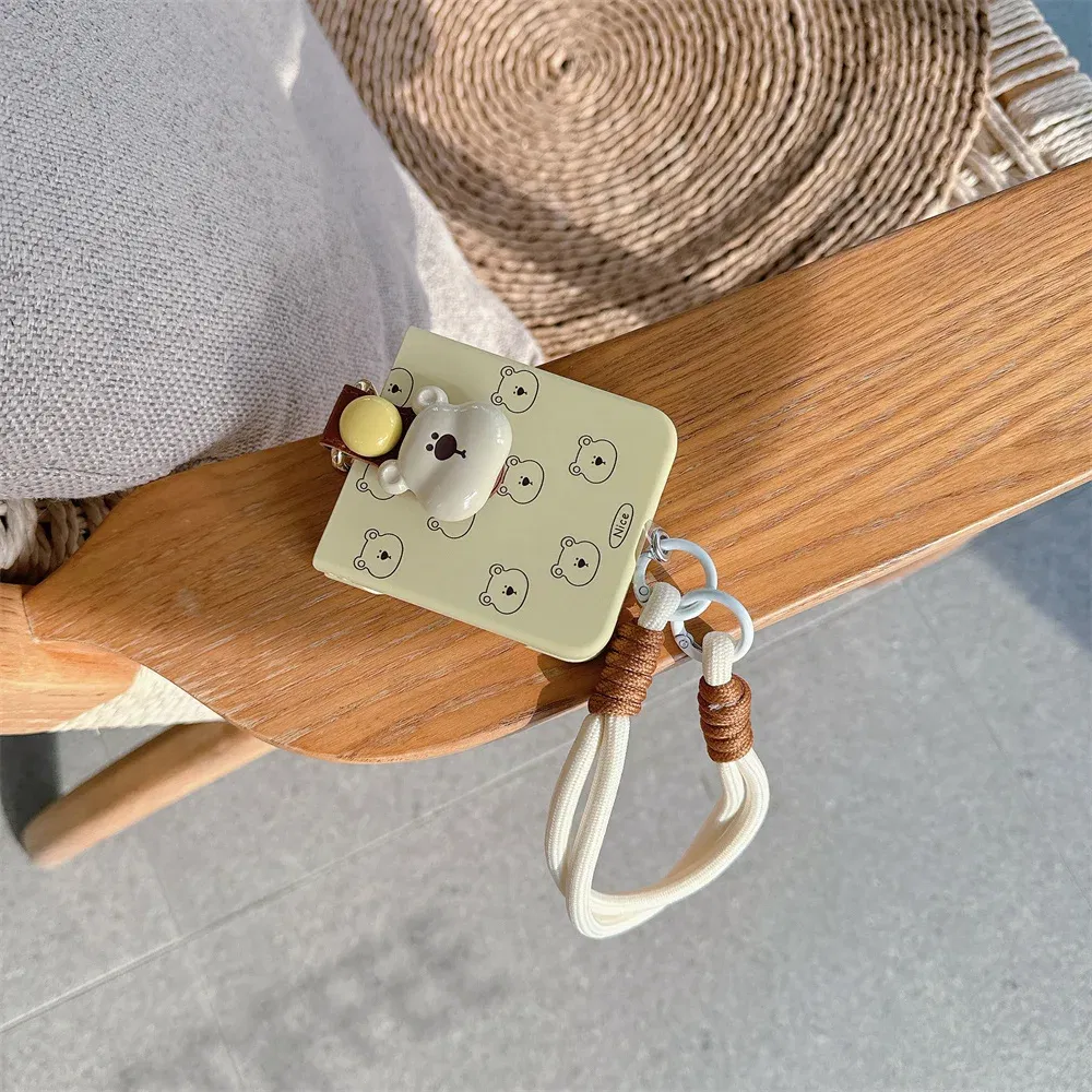 Color: Beige, Material: Denim - Cute 3D Bear Hand Strap Case for Samsung Galaxy Z Flip 6 5 4 3 Lanyard Ring Holder Shockproof Cover for Samsung Flip6 ZFlip5