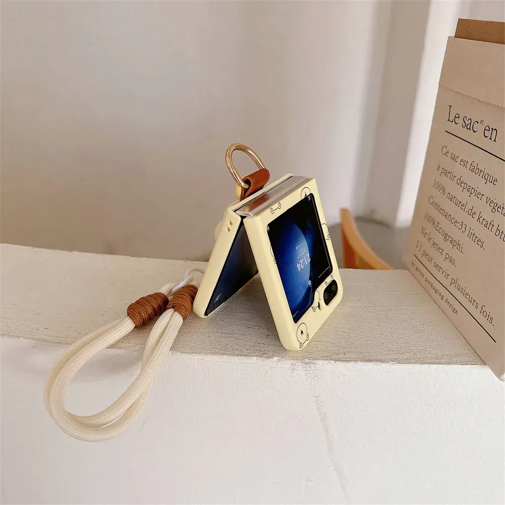 Color: Beige, Material: Denim - Cute 3D Bear Hand Strap Case for Samsung Galaxy Z Flip 6 5 4 3 Lanyard Ring Holder Shockproof Cover for Samsung Flip6 ZFlip5