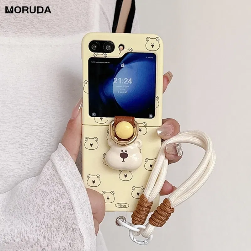 Color: Beige, Material: Denim - Cute 3D Bear Hand Strap Case for Samsung Galaxy Z Flip 6 5 4 3 Lanyard Ring Holder Shockproof Cover for Samsung Flip6 ZFlip5