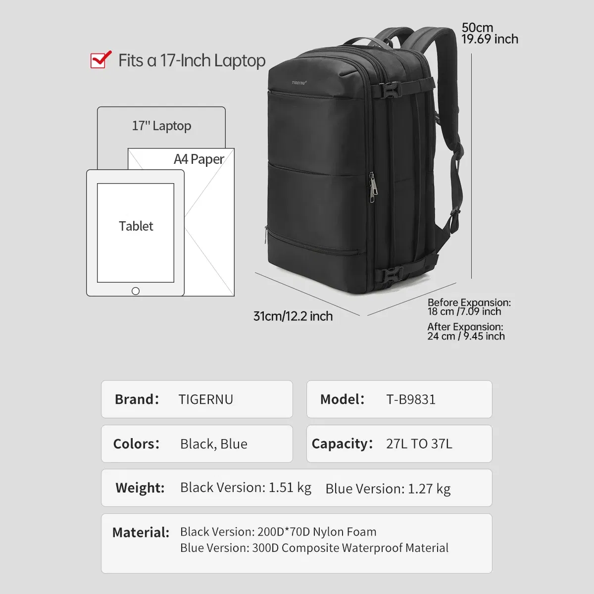 Color: black, Ships From: CHINA - Lifetime Warranty Travel Backpack Men Business Backpack Schoolbag Expandable USB Bag Large Capacity 17 Laptop Bag Waterproof Bag