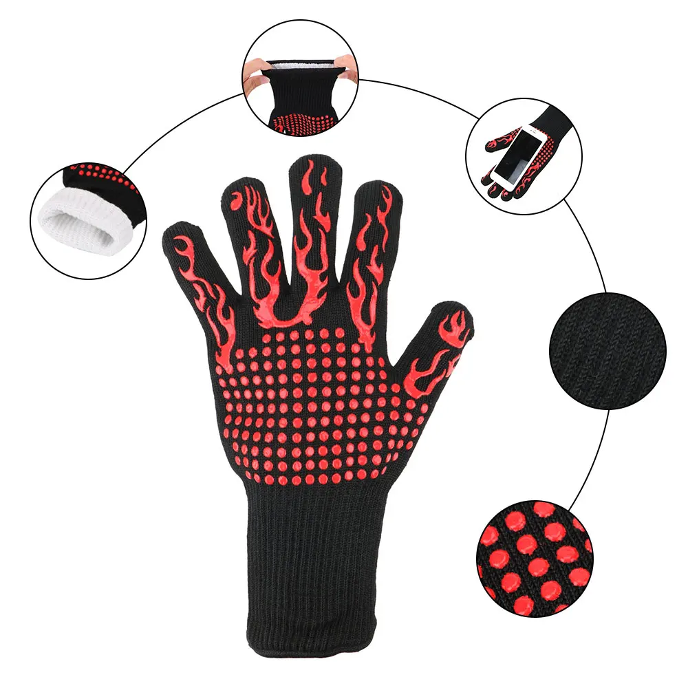Color: black - 300-500 Centigrade BBQ Fire Gloves Flame Retardant Non-slip Fireproof Extreme Heat Resistant Microwave Oven Gloves Oven Mit
