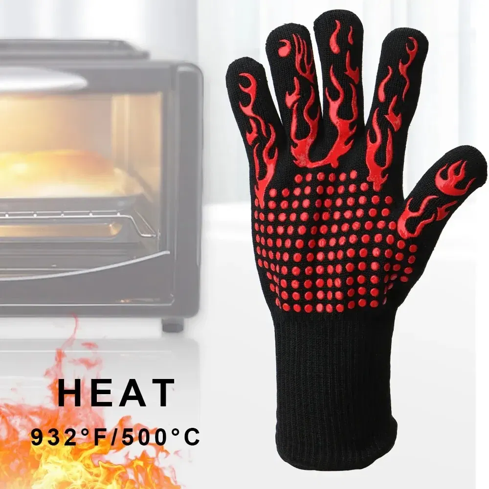 Color: black - 300-500 Centigrade BBQ Fire Gloves Flame Retardant Non-slip Fireproof Extreme Heat Resistant Microwave Oven Gloves Oven Mit