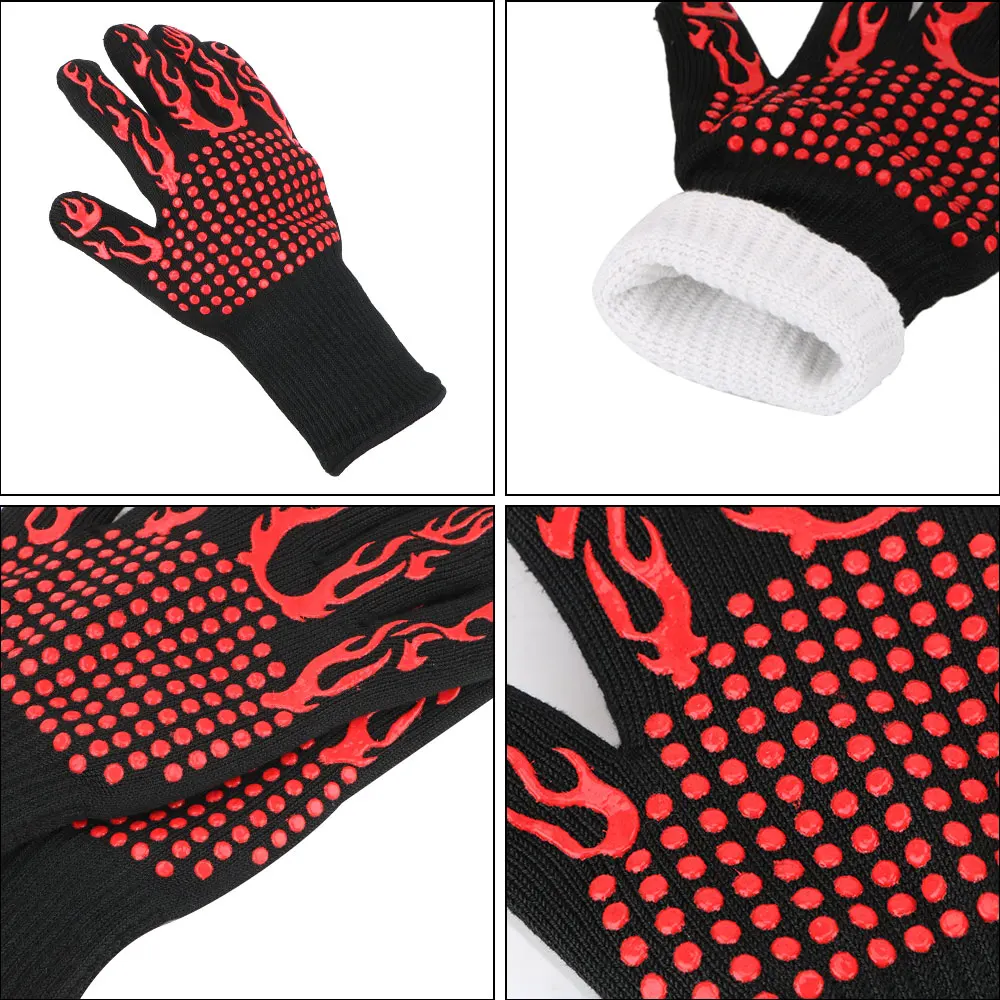 Color: black - 300-500 Centigrade BBQ Fire Gloves Flame Retardant Non-slip Fireproof Extreme Heat Resistant Microwave Oven Gloves Oven Mit