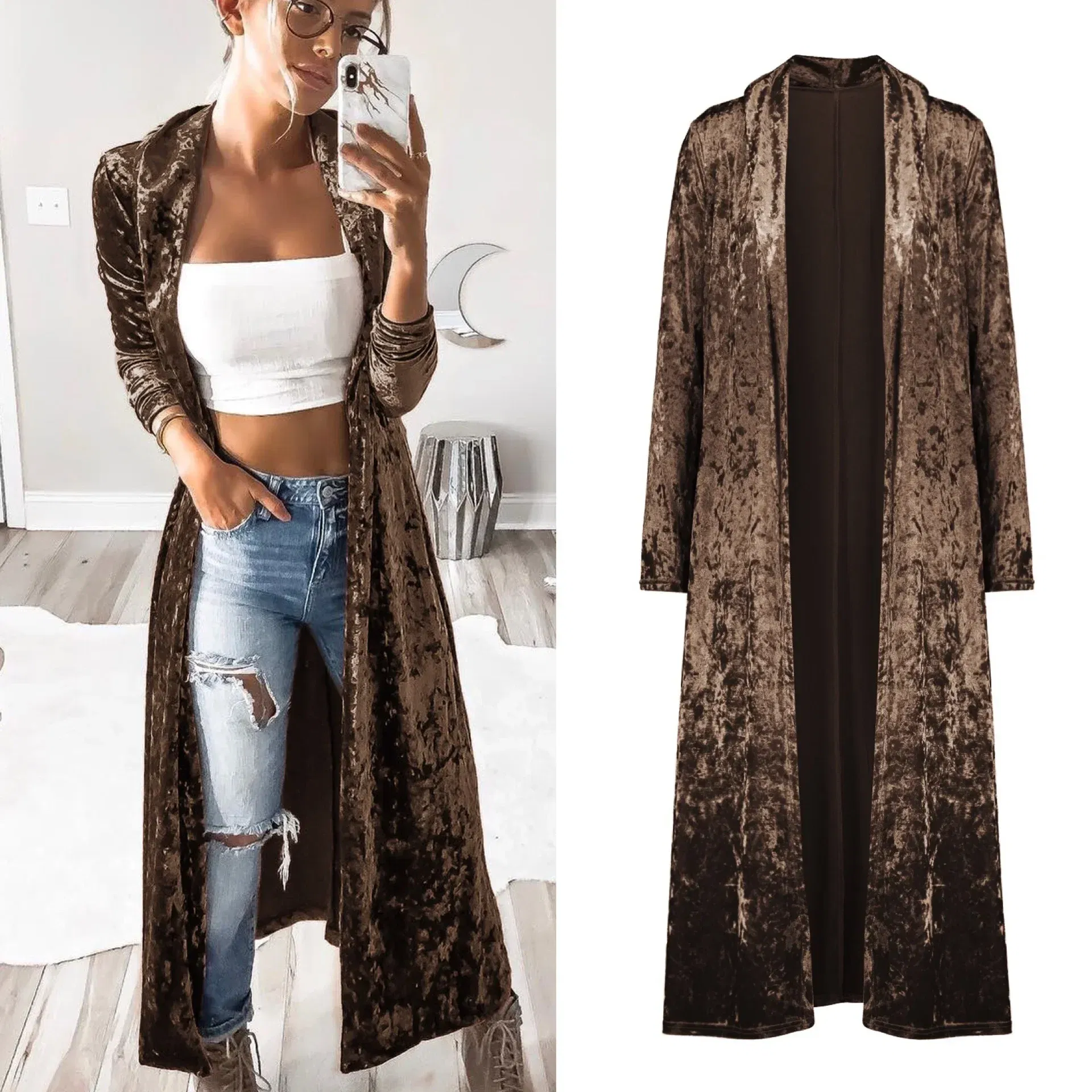Color: Beige, Size: M - 2024 Long Velvet Kimono Cardigan Windbreaker Women Jacket Pure Color Fashion Long Sleeve Casual Ladies Long Jacket Trench Coat