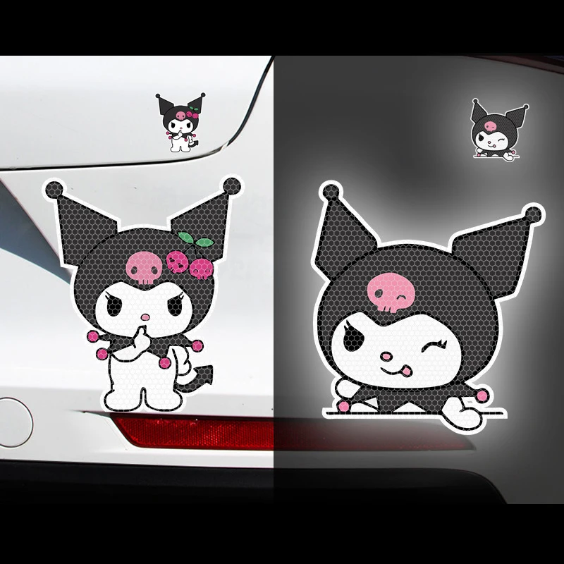 Color: Pink - Anime Kuromi Hellokitty Car Sticker Reflective Warning Safety Tape Anti Collision Reflective Sticker Car Accessories