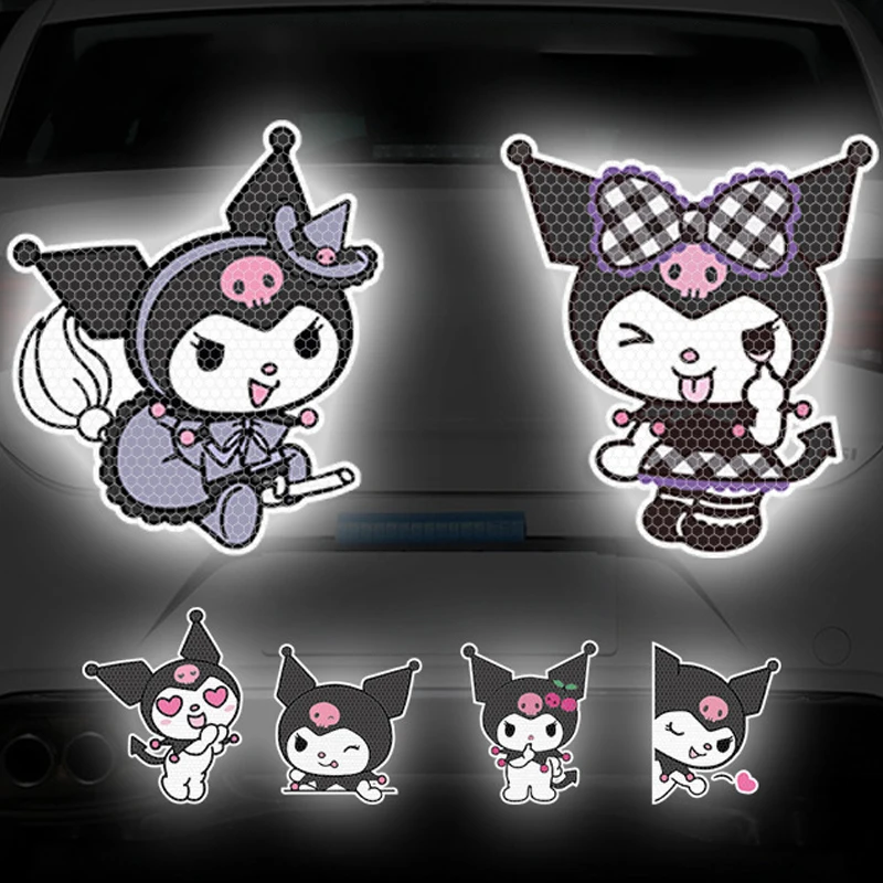 Color: Pink - Anime Kuromi Hellokitty Car Sticker Reflective Warning Safety Tape Anti Collision Reflective Sticker Car Accessories