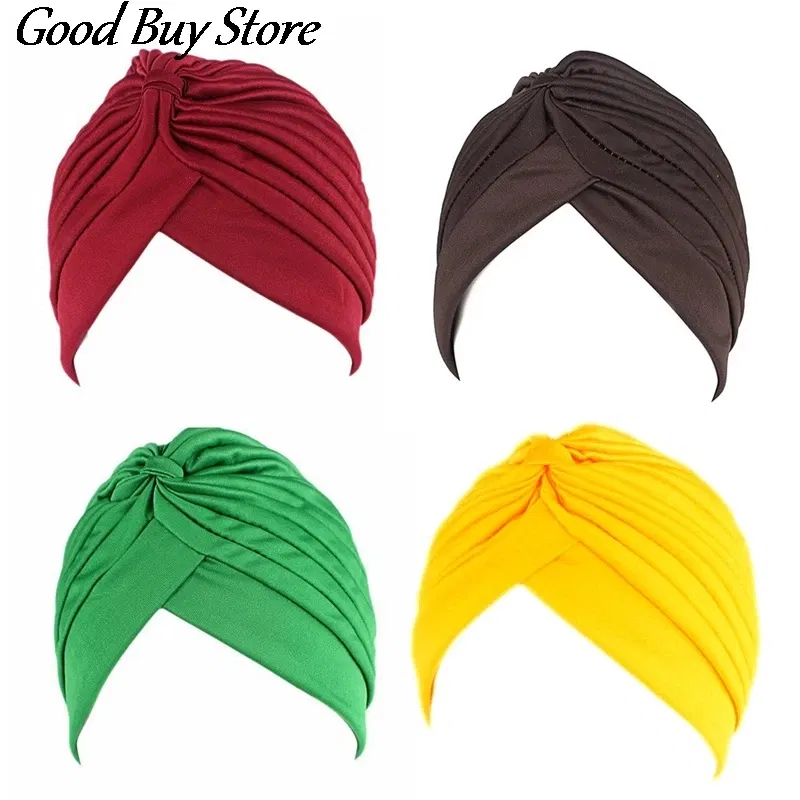Color: red brown - Solid Color Turban Hat Women Muslim Stretch Hijabs Hats Islamic Underscarf Head Wrap Cap Female Plain Headwear Headband Soft