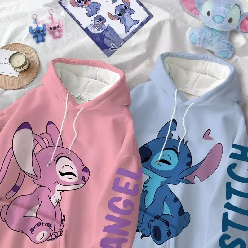 Color: Pink, Size: S - Disney Hoodie Fashion Stitch Angel Monster Letter Cartoon Sweatshirt Pullover Cute Harajuku Unisex Women's Pocket Top