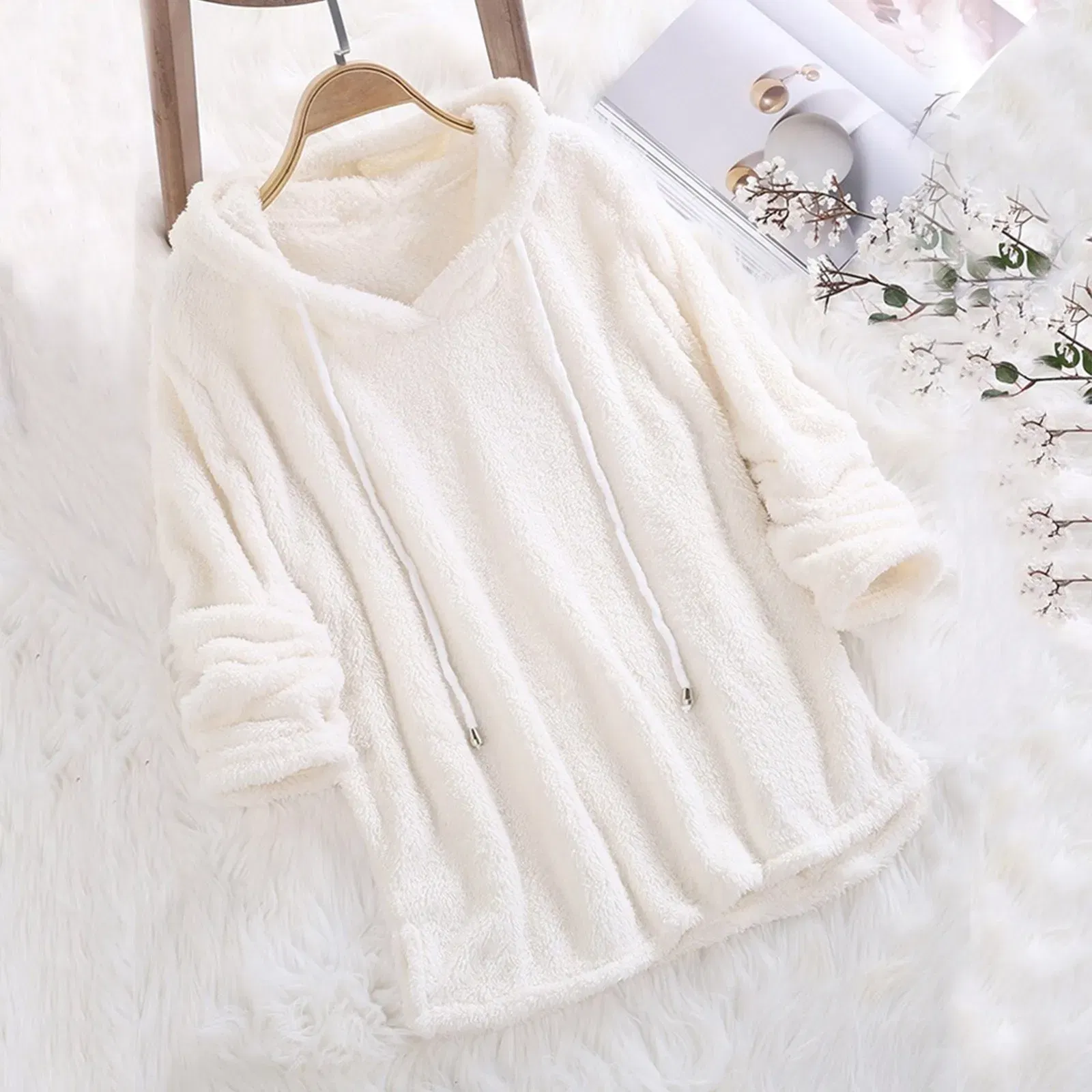 Color: WHITE, Size: S, Ships From: CN - Women's Winter Casual Solid Color Plush Hooded Long Sleeve Pullover Thick Warm Fluffy Sweatshirts Blouse Oversized Loose Tops