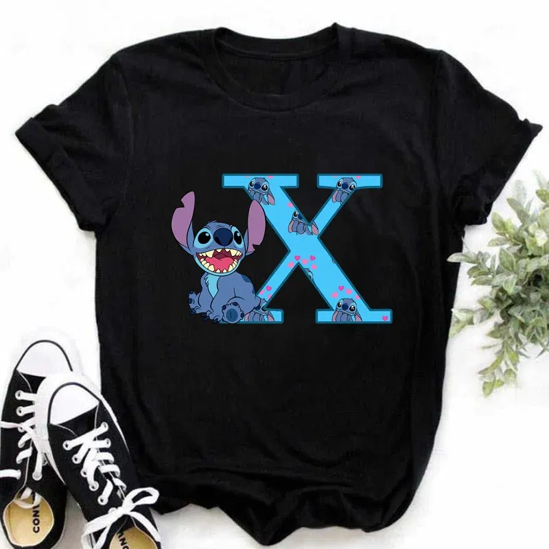 Color: Mint, Size: XXXL - Disney Lilo&Stitch A-Z Alphabet Summer Women's Printed T-Shirt Women's Casual Tops T-Shirt Fashion Cartoon Plus Size T-Shirt
