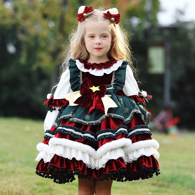 Color: Brown, Kid Size: 12M - New Autumn Winter High-End Baby Girls Velvet Lolita Princess Ball Gown Children Cute Bow Design Birthday Party Dress y1058