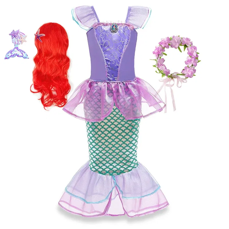 Color: MULTI, Kid Size: 5 - Disney Little Mermaid Ariel Costumes for Girls Princess Dress Cosplay Halloween Carnival Kids Birthday Party Dress Up Clothing