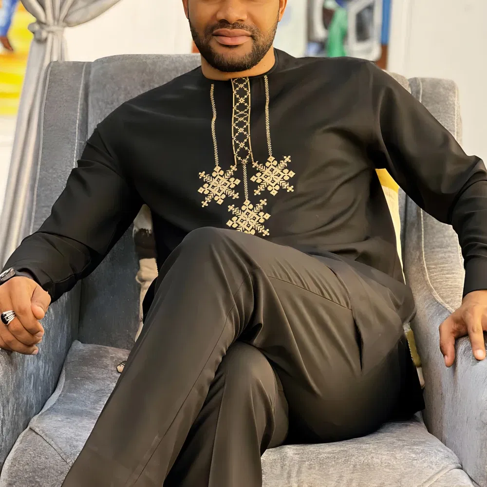 New Dashiki Men's Set Grey Round Neck Long Sleeve Luxury Brand Men's Suit Casual Slim Fit Men's Set Wedding Evening Suit