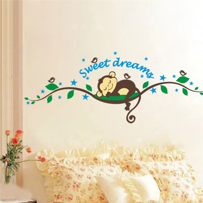 Color: Yellow - Funny Animals Bird Swinging Wall Stickers Kids Room Decoration Diy Cartoon Monkey Giraffe Lion Mural Art Pvc Posters Home Decals