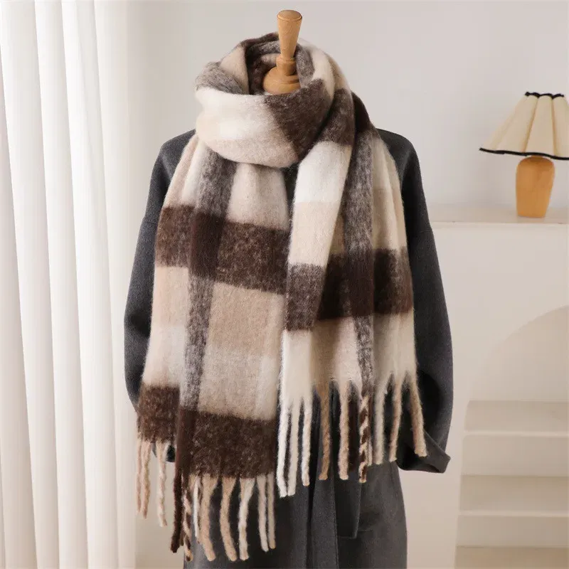 Color: Gold, Size: One Size - 2025 NEW Luxury Cashmere Women Plaid Scarf Winter Warm Shawl and Wrap Bandana Pashmina Long Tassel Female Foulard Thick Blanket