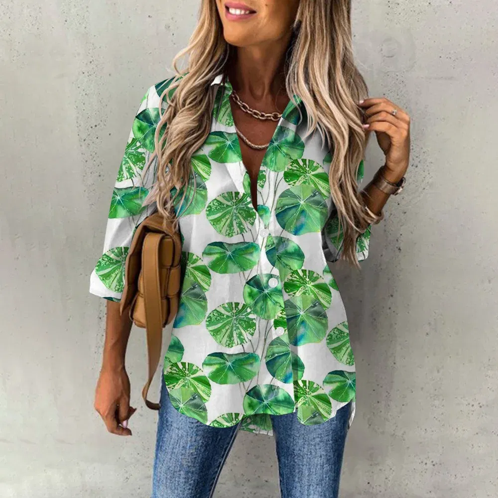 Color: Beige, Size: M - Ladies Long Sleeved Shirt Vacation Style Coconut Tree 3D Digital Printed Button Up Collar Loose Casual Ladies Blouse 2024 Autumn