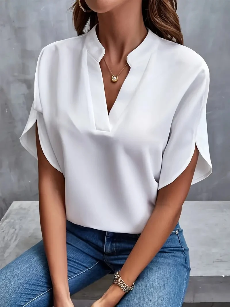 Color: WHITE, Size: M - Women Elegant Solid Chiffon Blouse Spring Summer Casual Long Sleeve V Neck Loose Shirt Office Lady Tunics Oversized Tops 2024