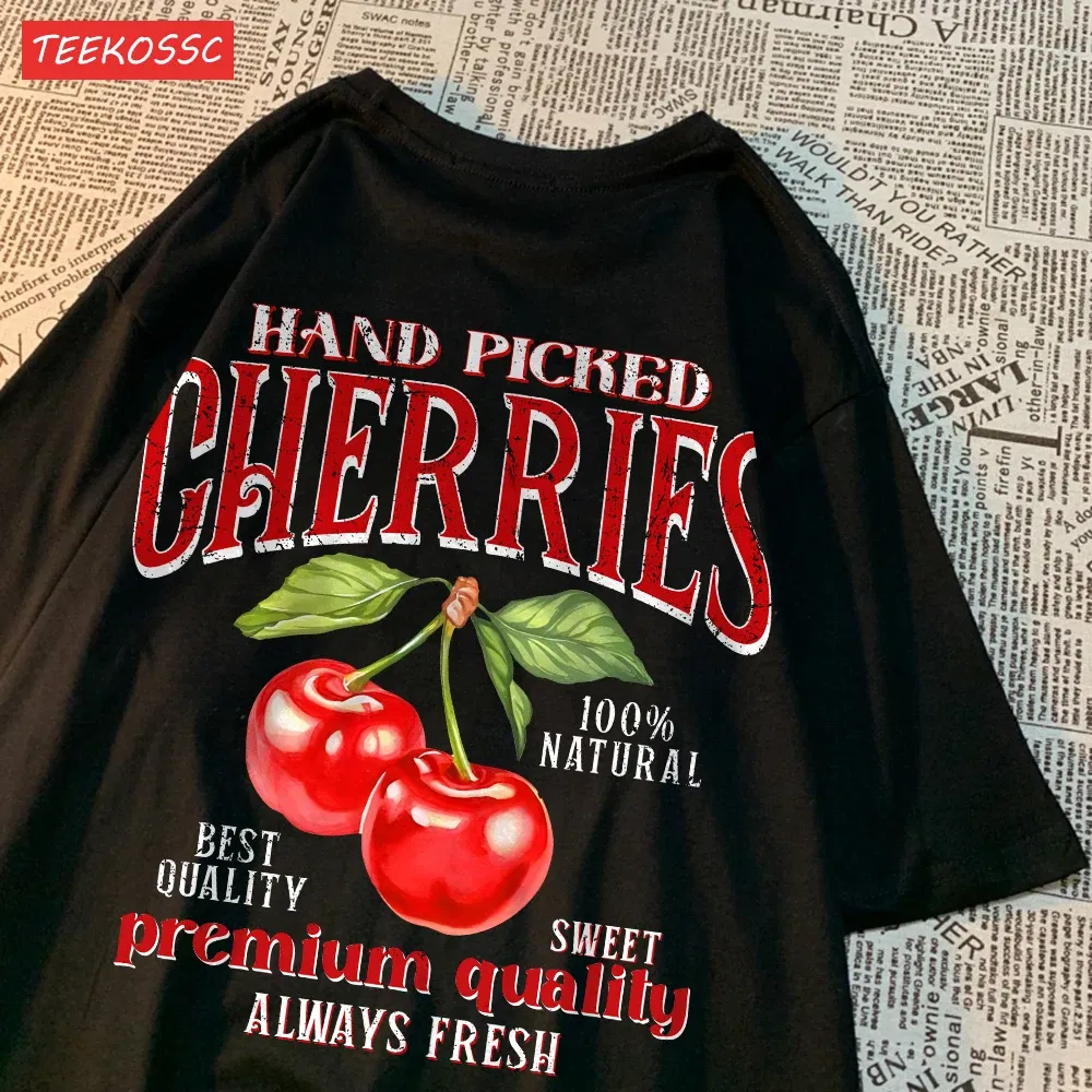Color: Dark Grey, Size: S - Summer Lemon Cherries Prints T-Shirts Cotton Women's Tops Oversize O-Neck Soft Short Sleeve tees Street Casual Womans Clothes