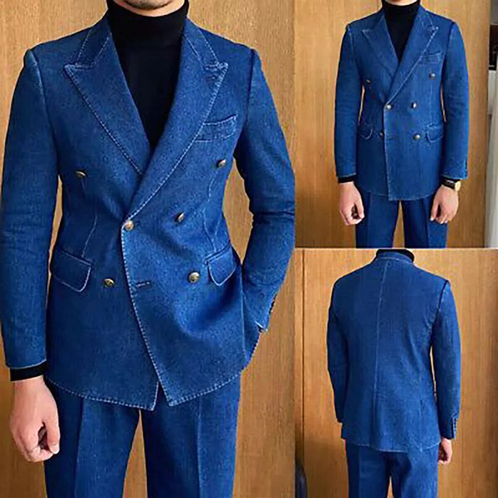 Color: black, Size: M - Denim British fashion men's suit high quality casual 2 piece top pants suit