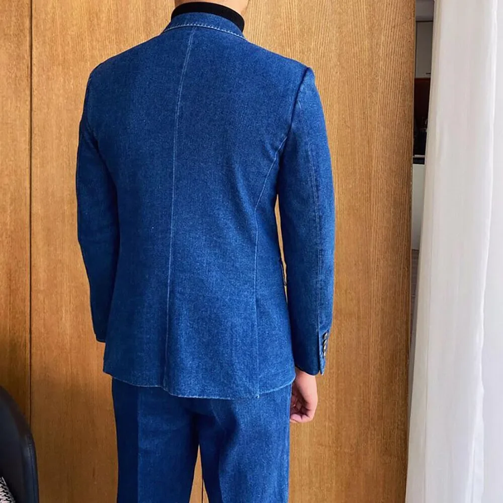 Color: black, Size: M - Denim British fashion men's suit high quality casual 2 piece top pants suit