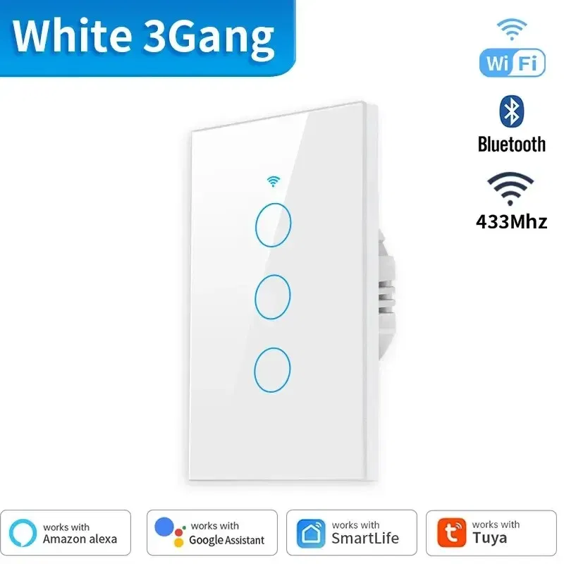 Color: Blue - Tuya US WiFi+Bluetooth Smart Switches No Neutral Wire Required 1/2/3/4 Gang Light WiFi Touch Switch Work with Alexa Google Home