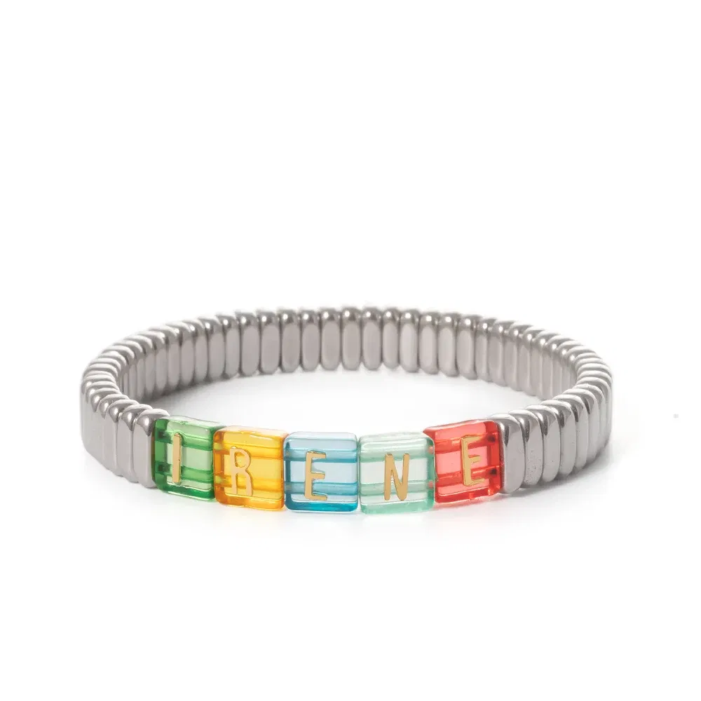 Metal Color: Black Zinc Plated, Ships From: CHINA - Wholesale Gold Silver Color Elastic Bracelets Handmade Letter Charms Bracelets For Women 2X8MM Beads Bracelets Bohemain Jewelry