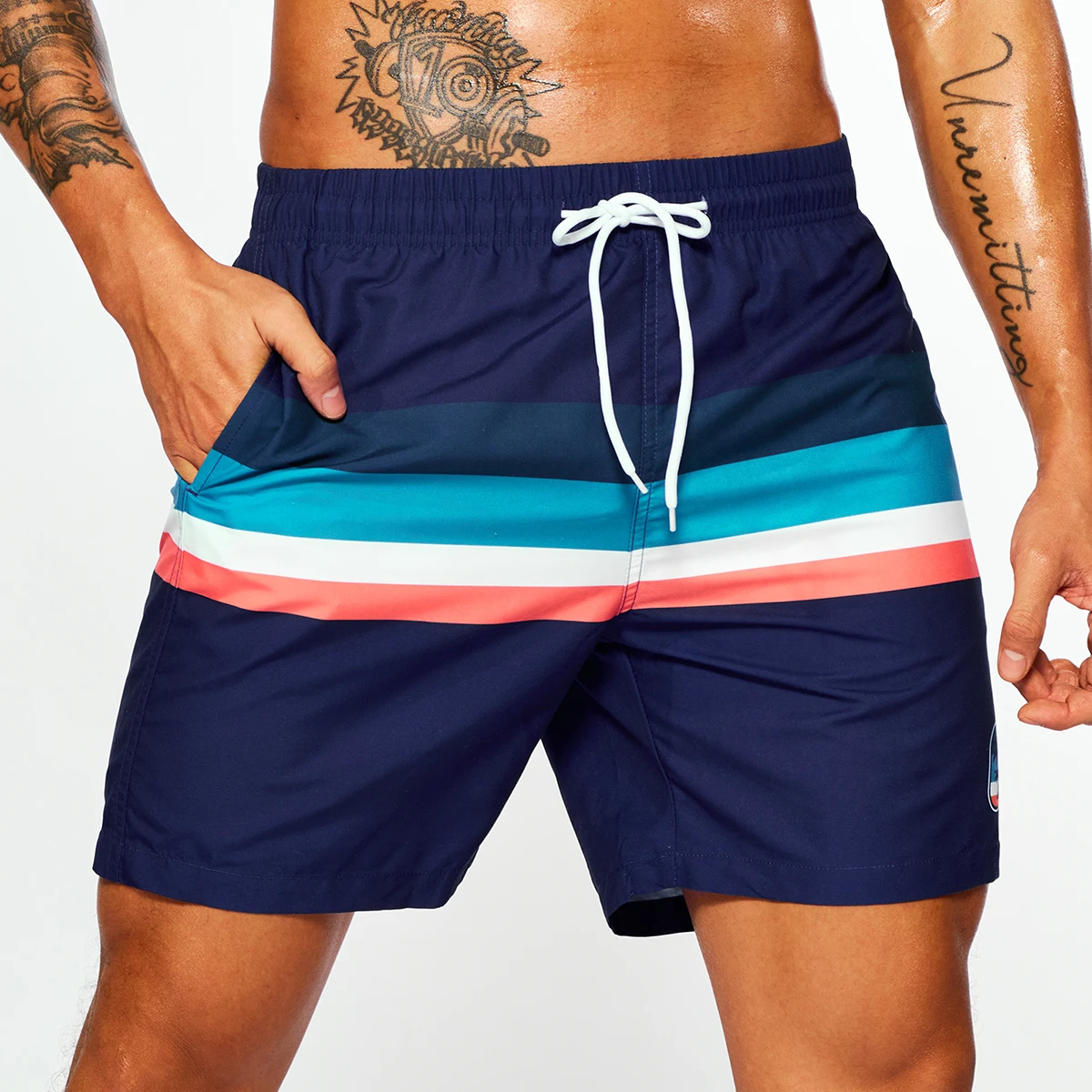 Color: MULTI, Size: M - Men's Navy Bottom Stripe Insert Print Beach Pants