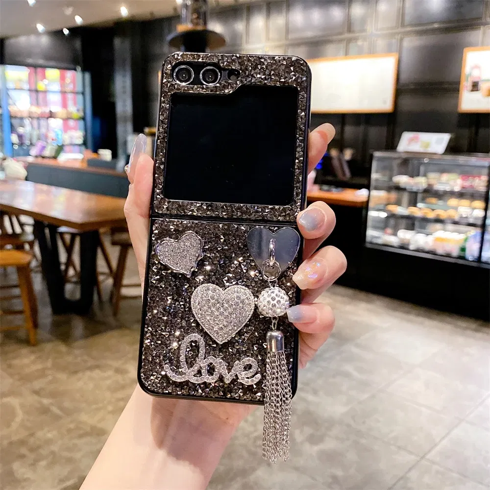 Color: Khaki, Material: ABS - Luxury Heart Diamond Tassel Phone Case for Samsung Galaxy Z Flip5 Case Z Flip4 Cover Z Flip3 Capa Z Flip 5 4 3 Cover 5G