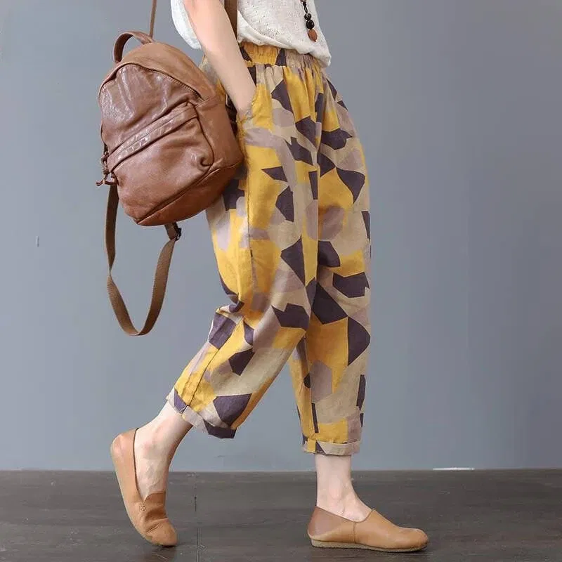 Cotton and Linen Pants for Women Summer Printing Harem Pants Female Mother Loose Retro Fashion Women's Ankle Length Pants