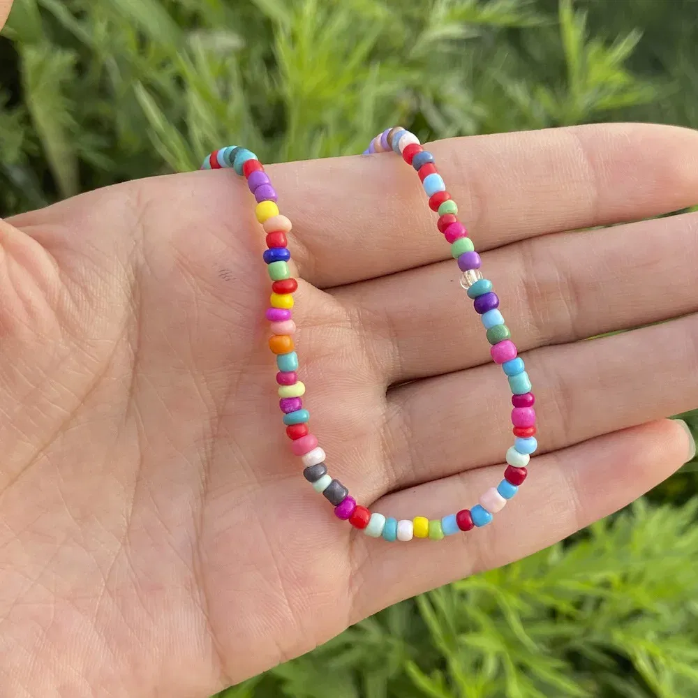 Metal Color: Dark Gold - 2022 New Trend Colorful Rice Beads Necklace Bohemia Fashion Style Ladies Clavicle Chain Necklace Girls String Pearl Neck Jewelry