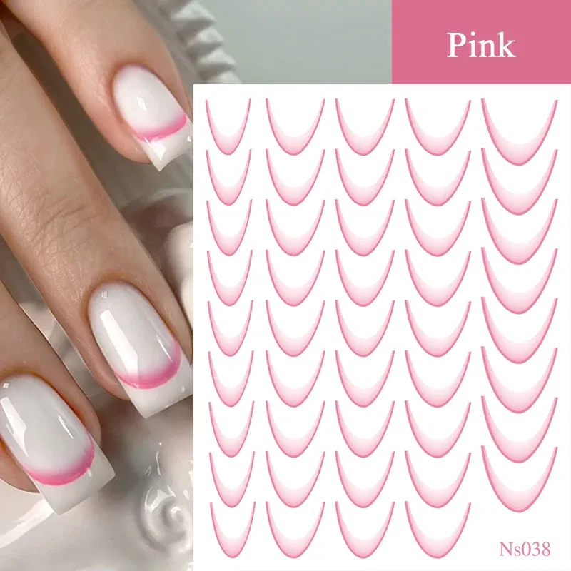 White French 3D Nail Stickers Manicure Gradient Line Flower Nail Art Designs Self-Adhesive Nail Tips Guides for DIY Decoration