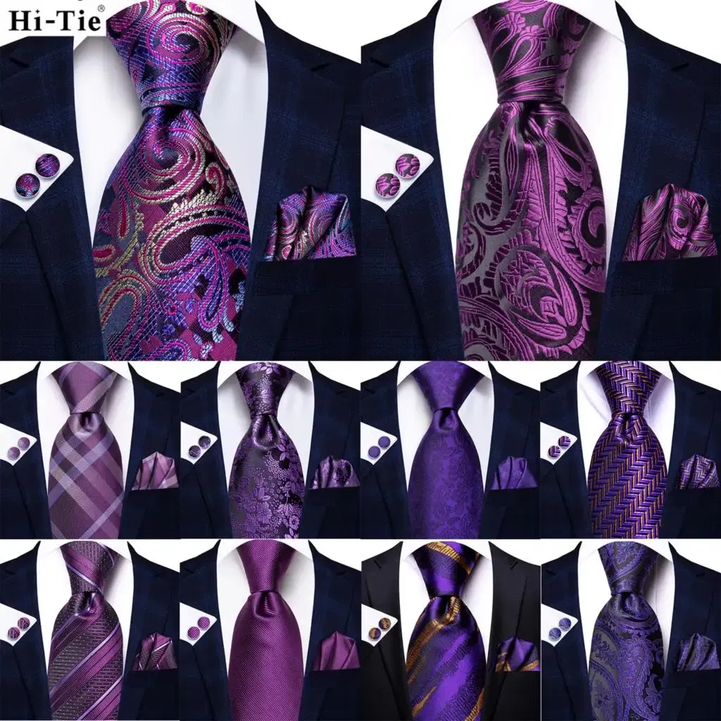 Color: MULTI - Hi-Tie Purple Paisley Silk Elegent Tie for Men Novelty Design Handky cufflink Tie Set Party Business Wedding Dropshipping