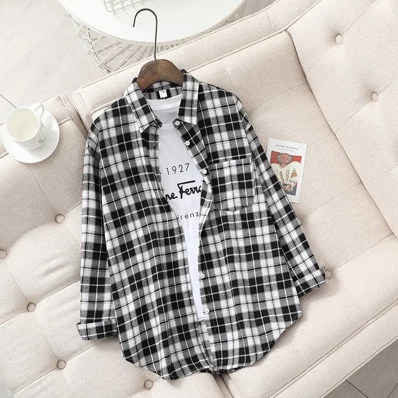 Color: Beige, Size: XS - Fresh Flannel Plaid Shirt Women 2024 New Female Blouses and Tops Cotton Loose Long Sleeve Casual Shirts Fine Women's Clothes
