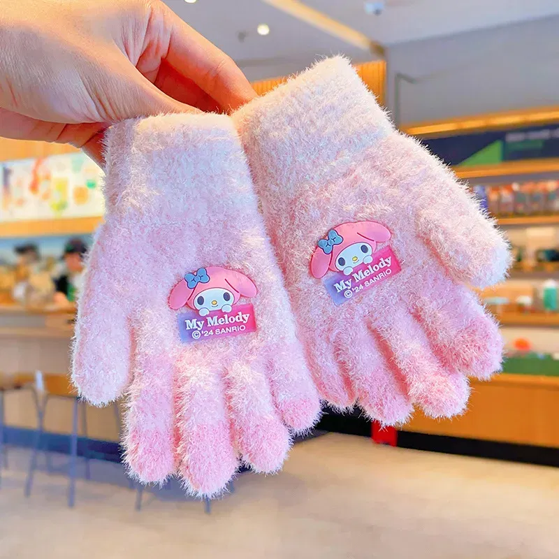 Color: army green - Sanrio Gloves Kawaii My Melody Kuromi Cold-Proof Winter Finger Gloves Plush Screen Touch Warm Children Toddler Christmas Gifts