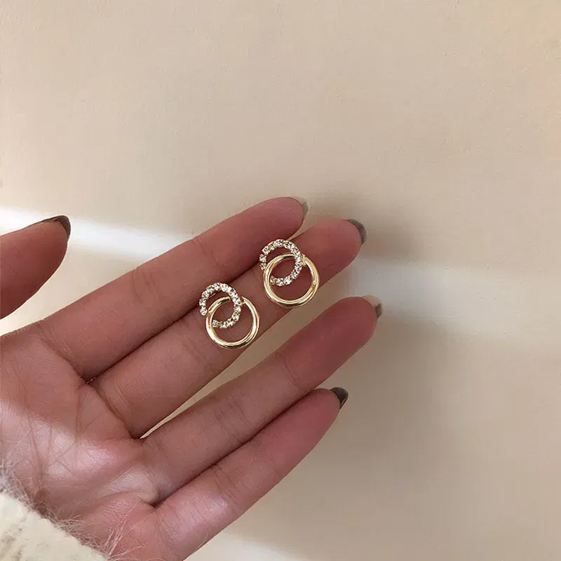Korean Simple Double Circle Gold Color Metal crystal Stud Earrings For Women Fashion Exquisite Jewelry Best Friend Gifts