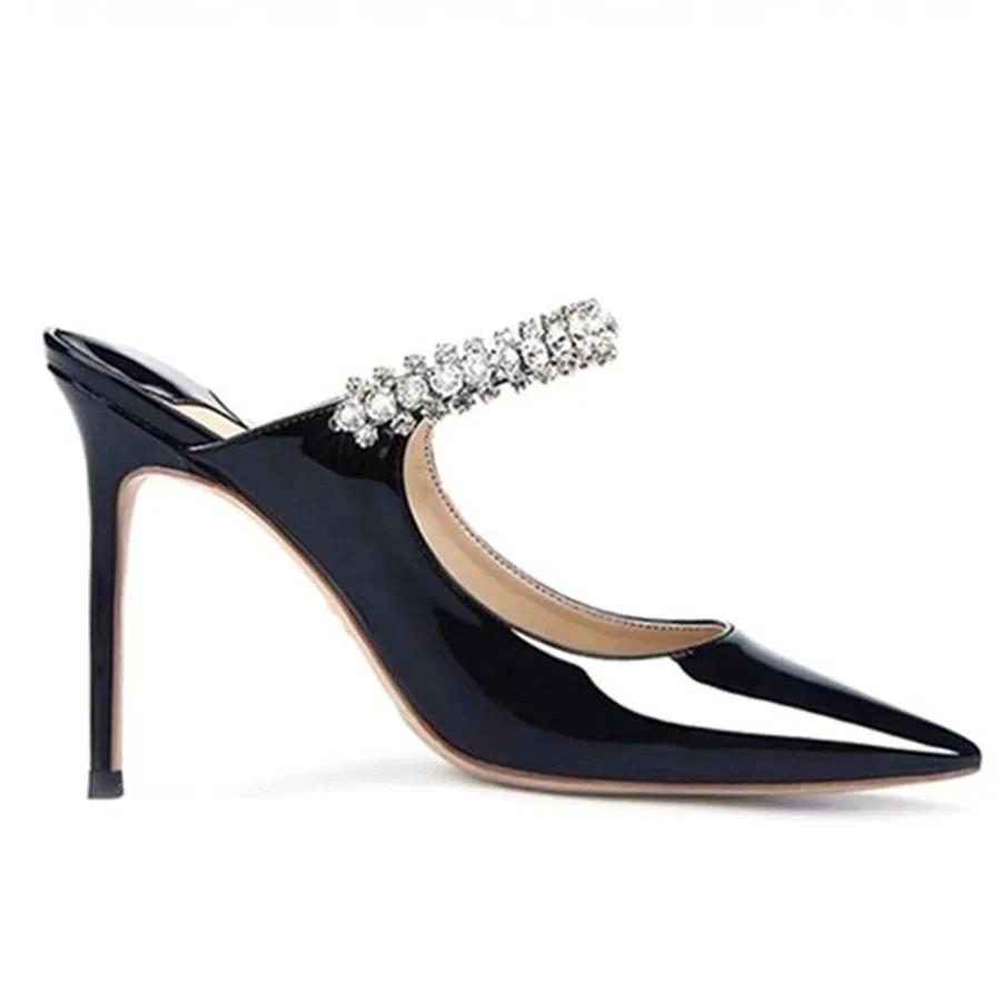 Color: Silver, Shoe Size: 34, Ships From: CHINA - Elegant Leather Mules Pointed Toe Stylish Rhinestone Embellished High Heel Sandals Sophisticated Party Evening Shoes Footwear