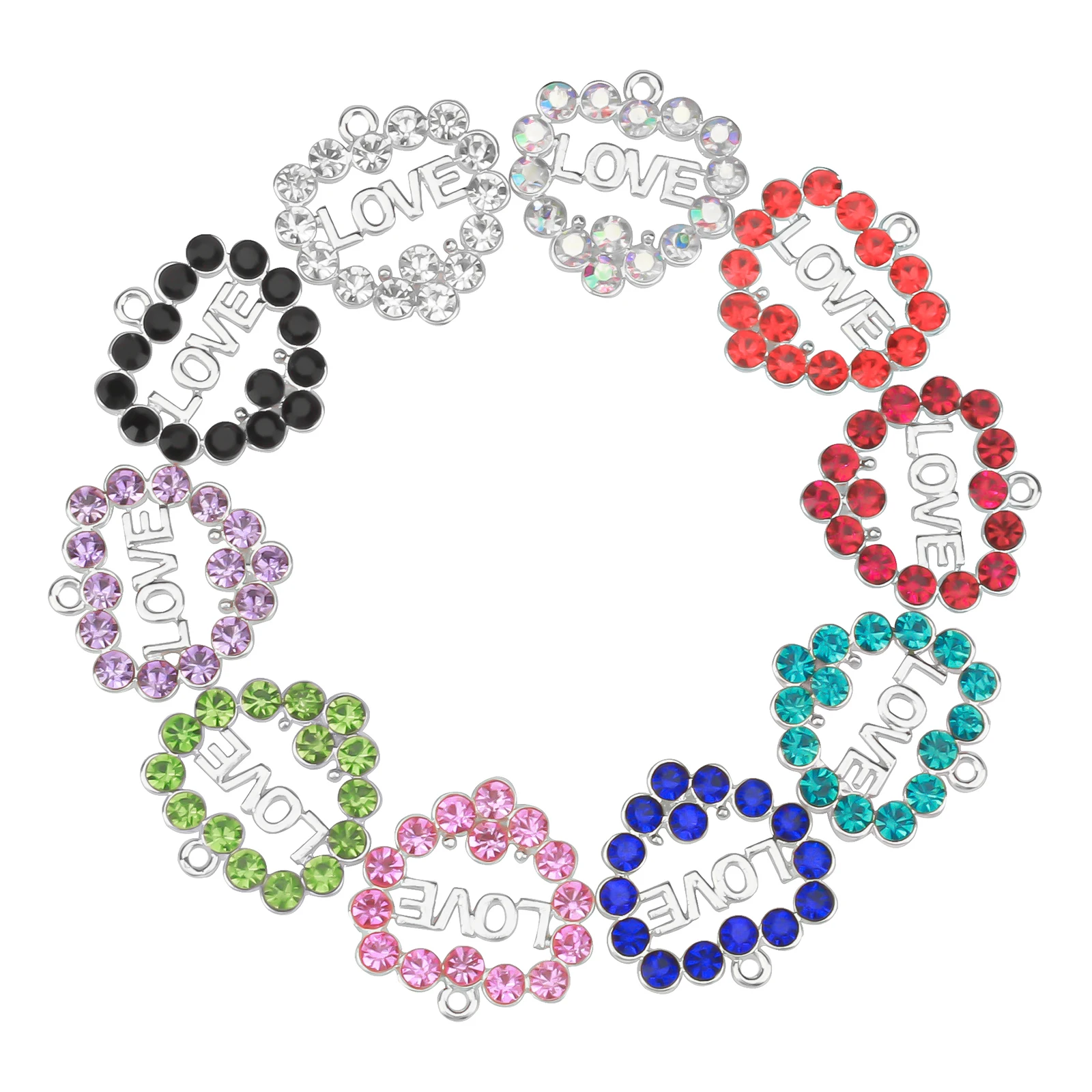 Metal color: SILVER PLATED, Ships From: CHINA - 10pcs Love Heart Charms with Rhinestone Fit for Bracelet Bangle Making DIY HT0072-HT0073