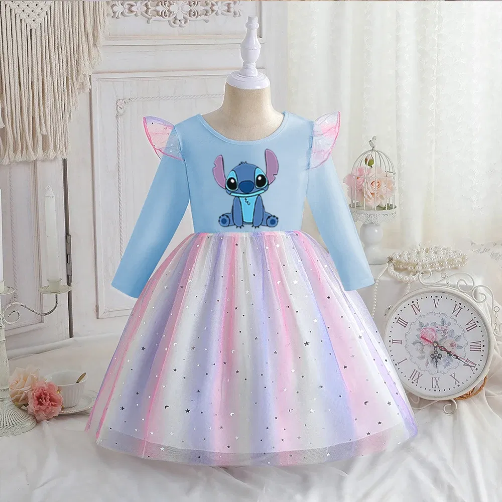 Color: green, Kid Size: 2T - Stitch Princess Dress Autumn New Disney Baby Girls Dress Spring Autumn Long-sleeved For Children Kids Clothes Birthday Party